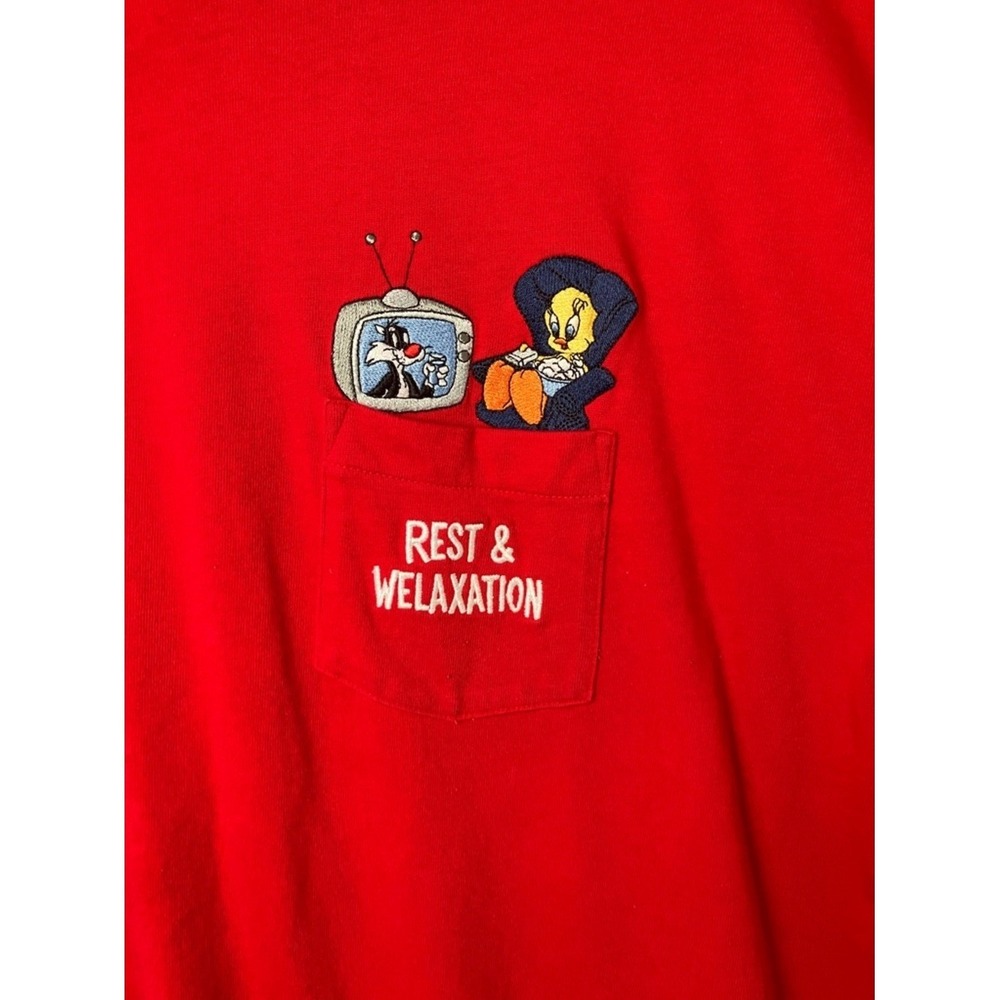 Vintage Warner Bros Looney Tunes Tweety & Sylvester Pocket Large Red Tee Shirt